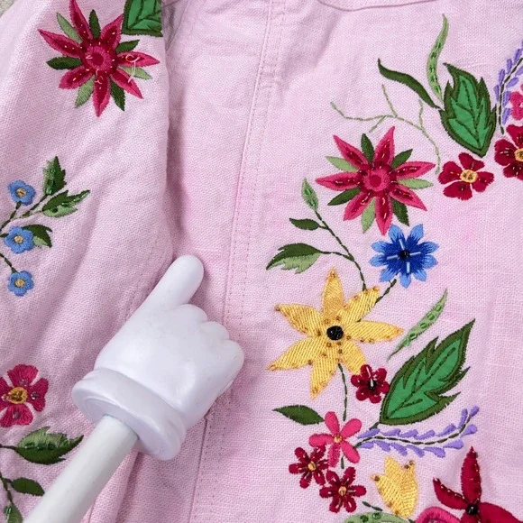 Vintage Quacker Factory Jacket Women Large Pink Embroidered Flower Linen Boho - Picture 10 of 16